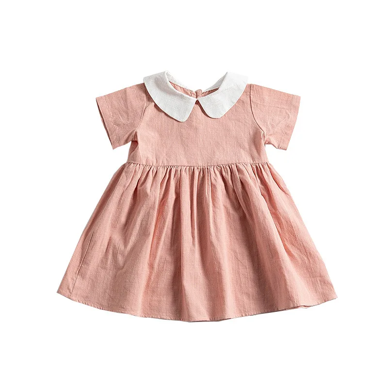 Summer kids outdoor casual clothing toddler baby little girl short-sleeve 100%linen Peter Pan collar vintage solid sweet dress