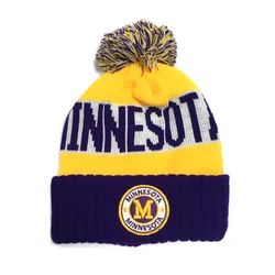 Weave and embroidery custom logo wooly hat, acrylic custom bobble hat