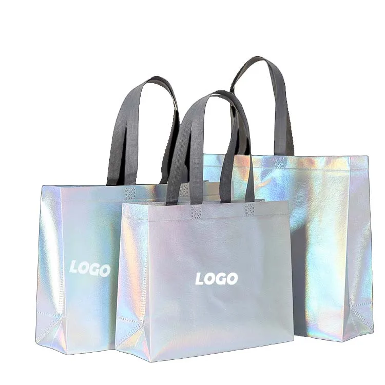 Recycle reusable holographic silver pp laminated non woven tote shopping bag with custom printed logo