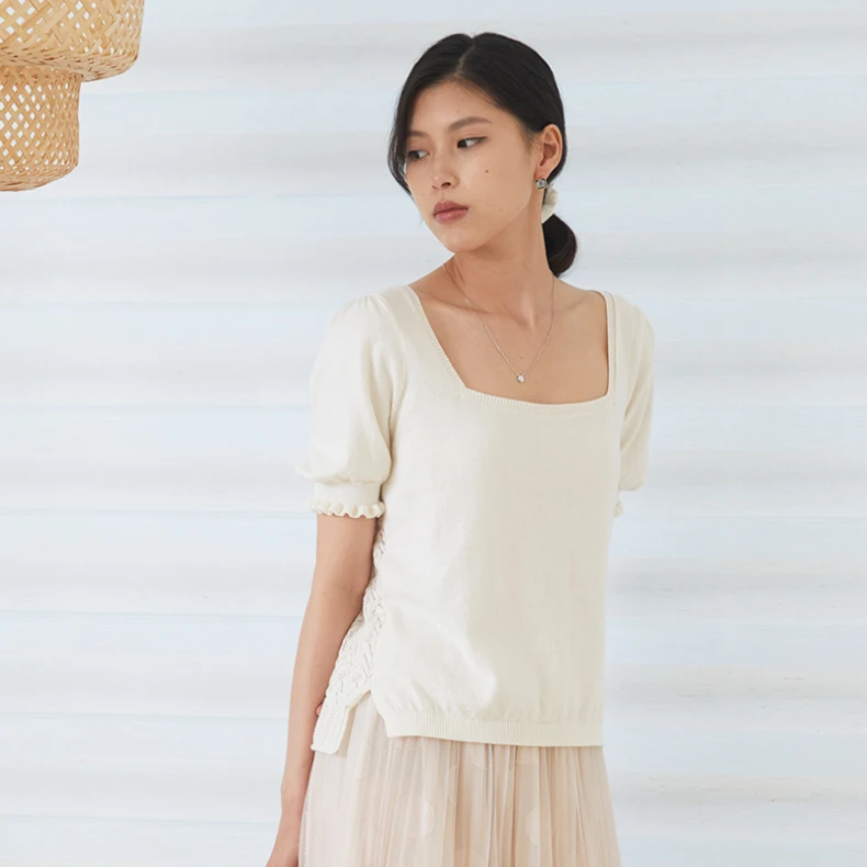 Square neck lantern sleeve T-shirt hollow out white