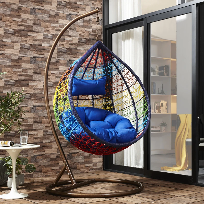 Colorful all hand-made outdoor rattan furniture garden swing chair in water drop shape