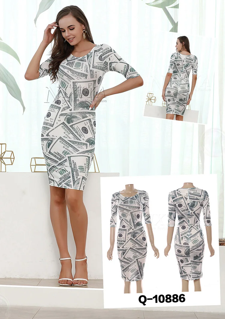 Best Seller Club Wear Round Neck Half Sleeves Dress Dollar Printing Bodycon Dress Women