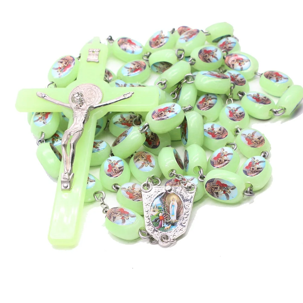 huge plastic Luminous wall rosary cross pendant necklace glow in the dark double sides with our lady of Grace
