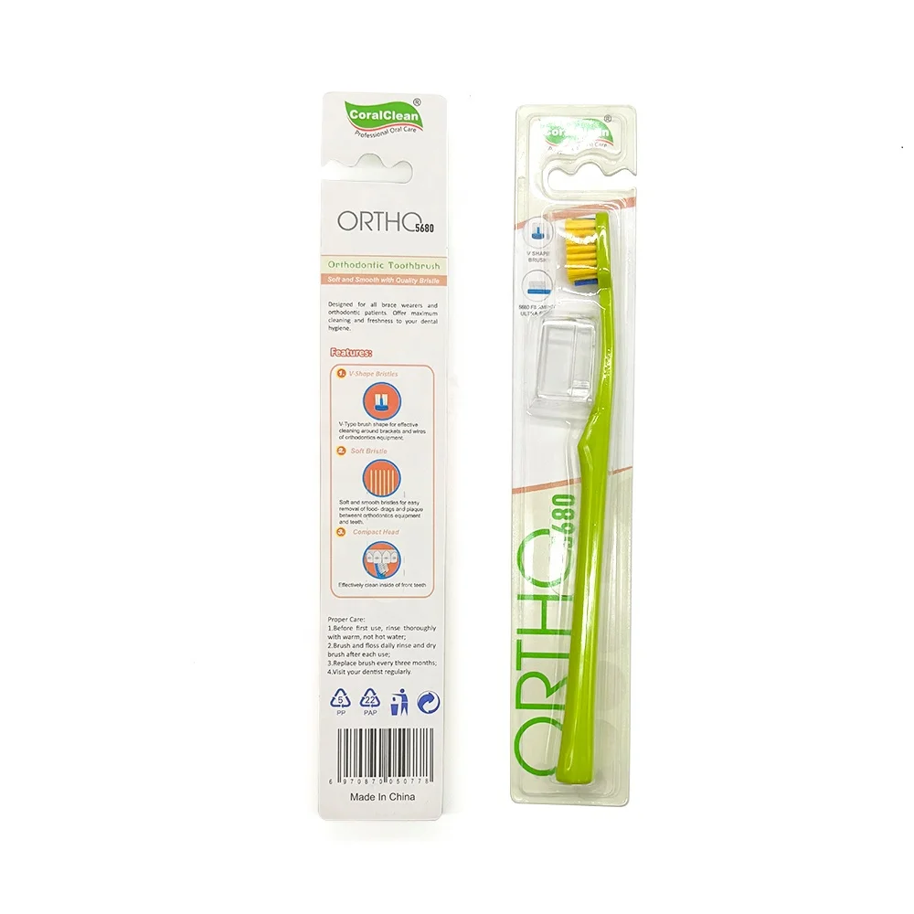 Customized Logo Oral Hygiene Care Orthodontic Tooth Brushes V-shaped Soft Bristles Dental Ortho Toothbrush for Braces