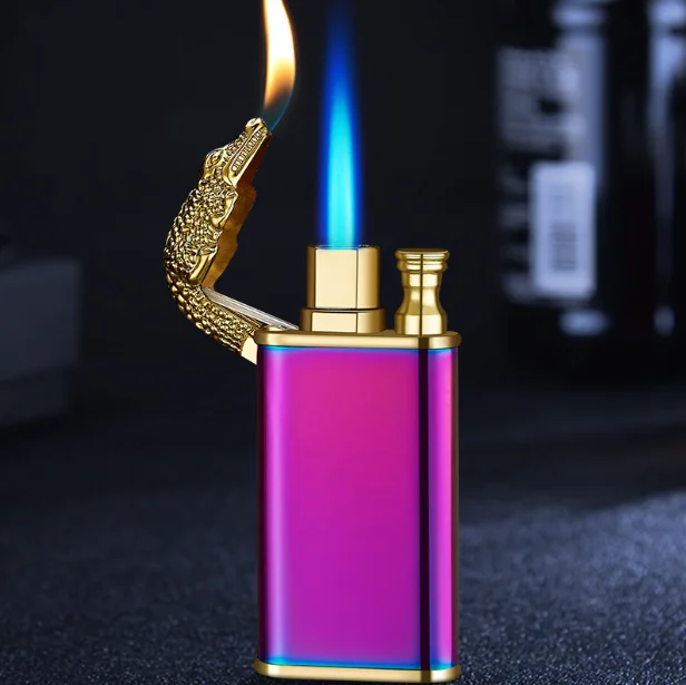 Hot Sale Crocodile Double Fire Cigarette Cigar Lighters Metal Lighter Luminous Jet Flame Lighter