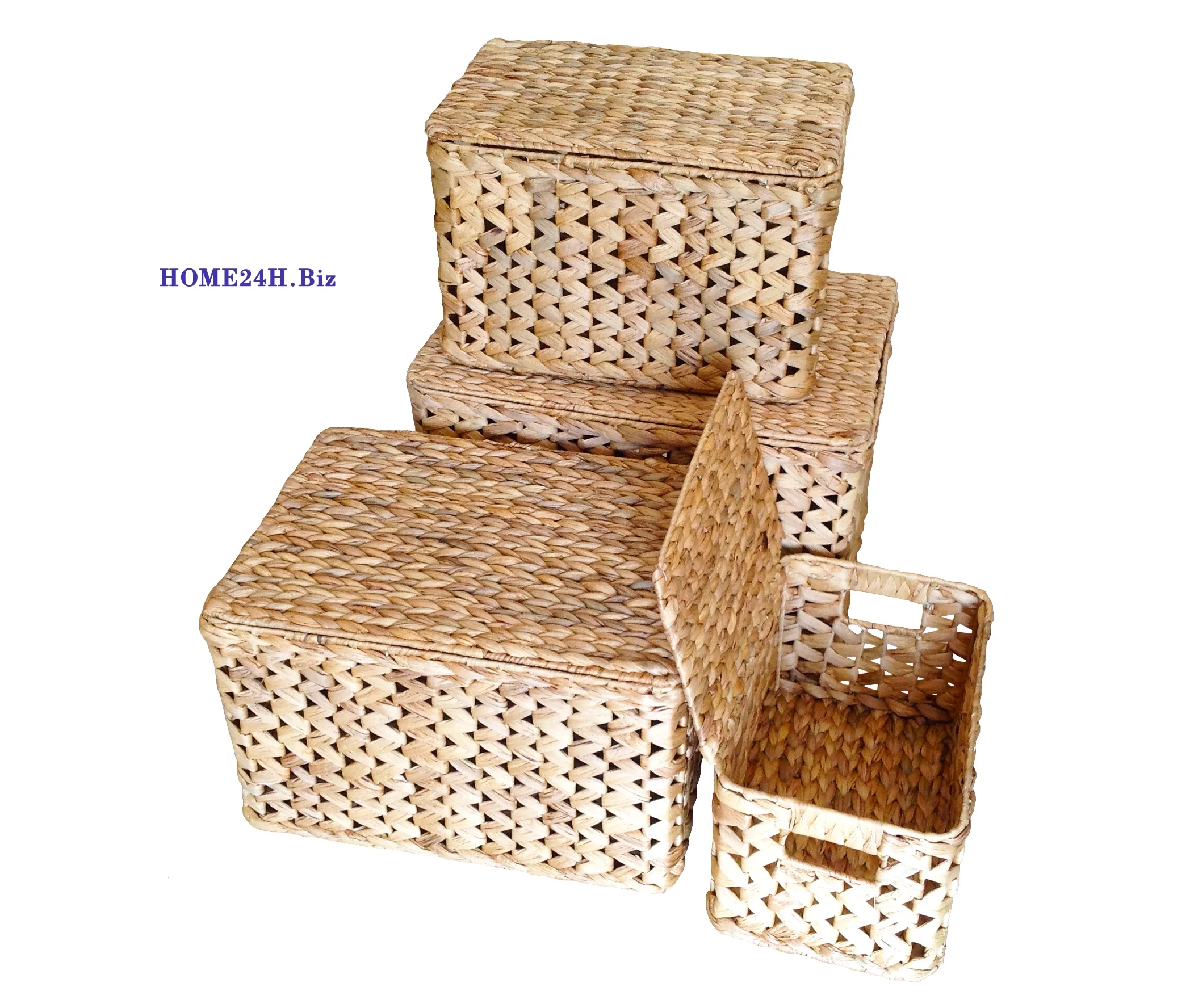 Wholesale set of 4 rectangular zig zag woven water hyacinth trunks with flexible lids for storing household items HO-4001
