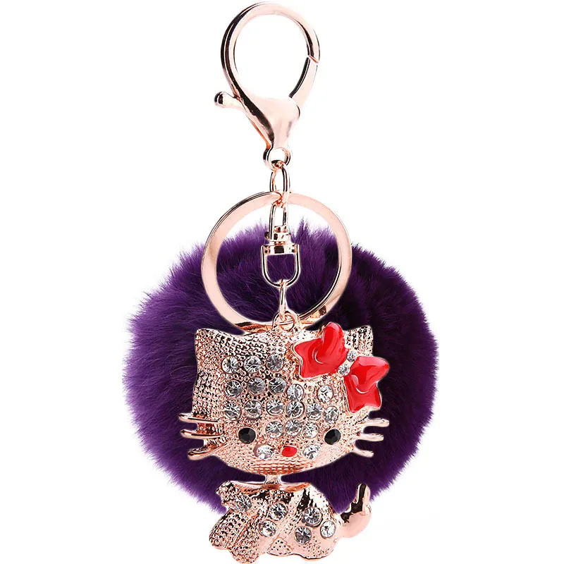 Custom Pompoms Car Key Chains Crystal Metal Hello Kitty Keychain 3D Cartoon Design Metal Key Chain Accessories