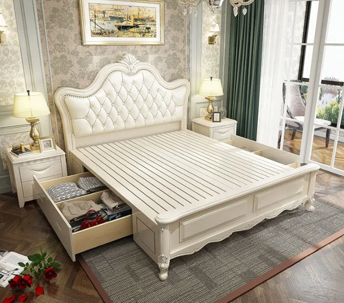 European Luxurious Solid Wood Frame King Size Tufted Button White Leather Headboard Bed