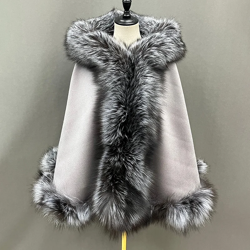 New Coming Real Fox Fur Poncho Women with Hood Cashmere Fur Shawl Cape