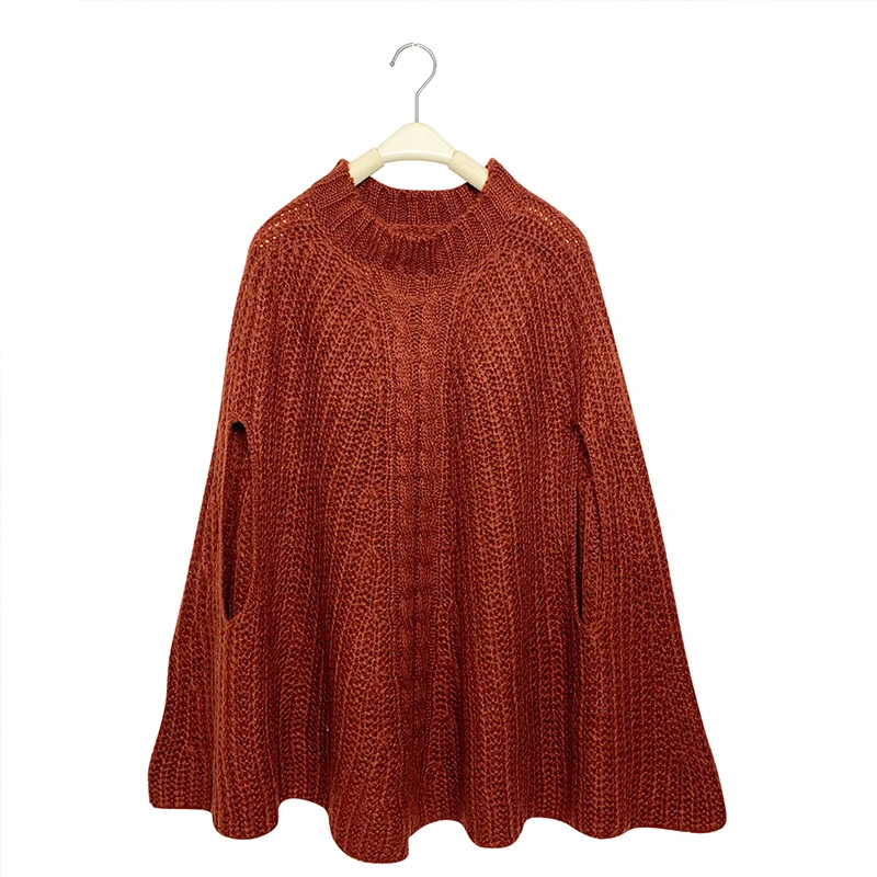 Wholesale winter women knit oversize plaid rib sleeveless crewneck crochet poncho sweater