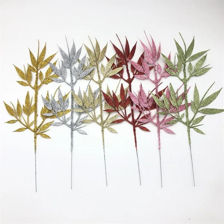 Lengthened gold pink bamboo leaves Christmas flowers Christmas tree decoration Picture frame Dress Mask scene arrangement Plasti