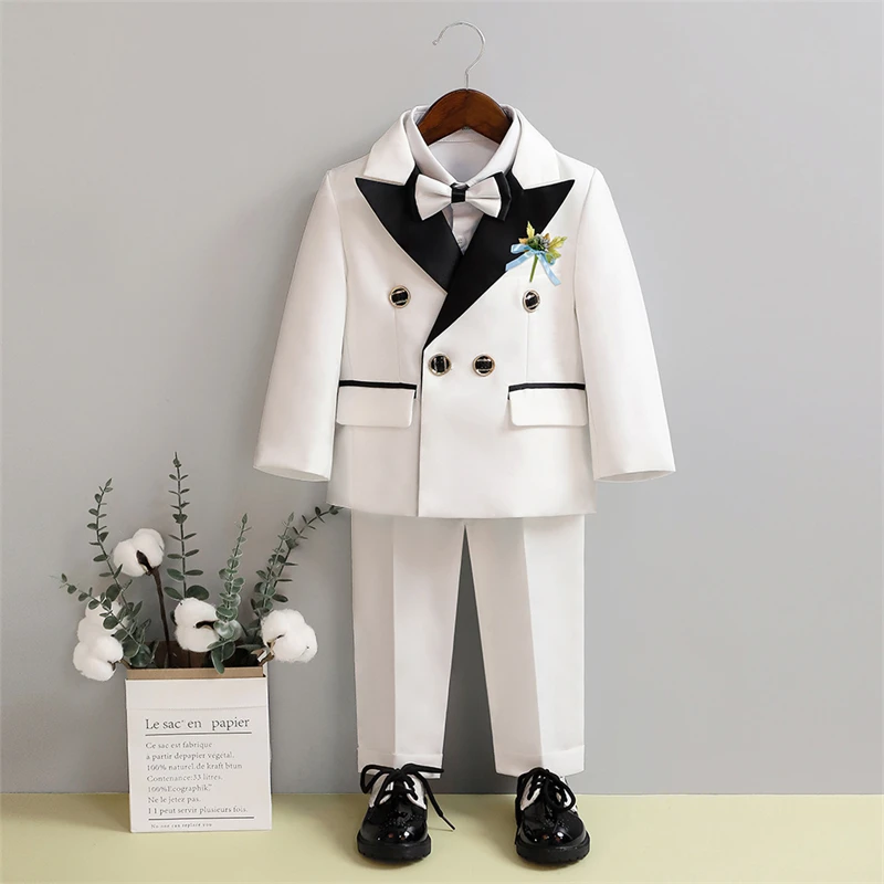 INS Hot Sale Kids Birthday Party Formal Blazer Suit Baby Boys Piano Performance Stage Wear Flower Boys White Wedding Dresses