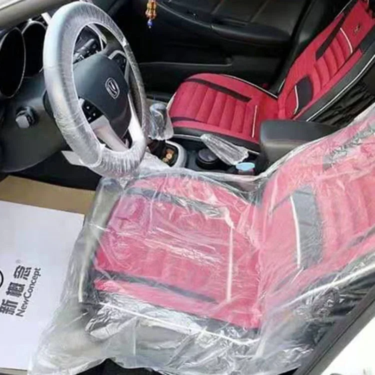 Customized Logo Protective Handbrake Steering Wheel Cover Universal PE Plastic Transparent 5 in 1 Set Disposable Car Seat Covers