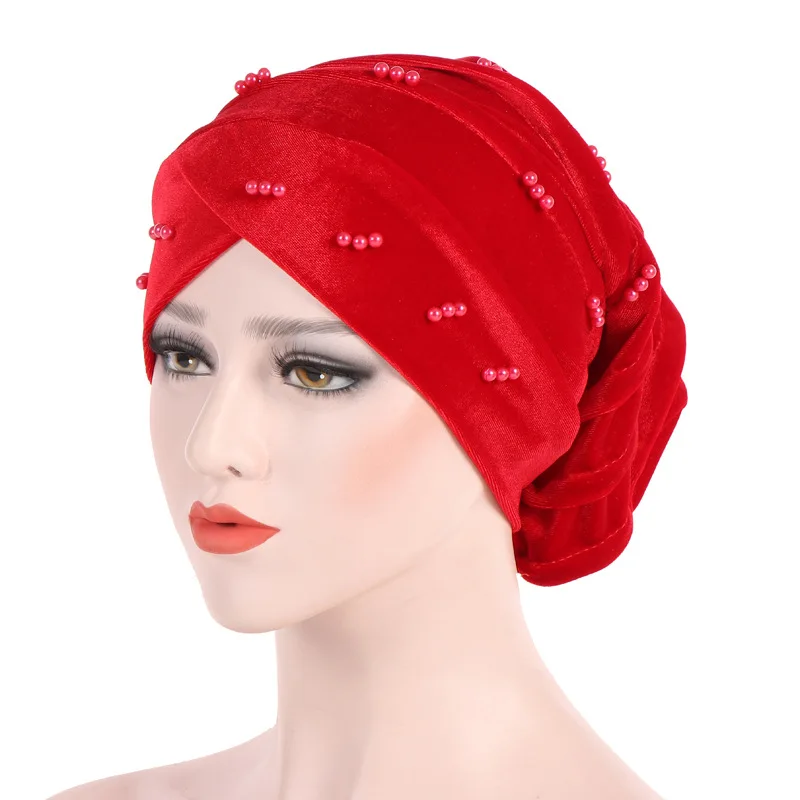 Hot Sale Women European And Korean Velvet Pearl Cap Fashion Solid Color Muslim Turban Caps Folding Pile Hat