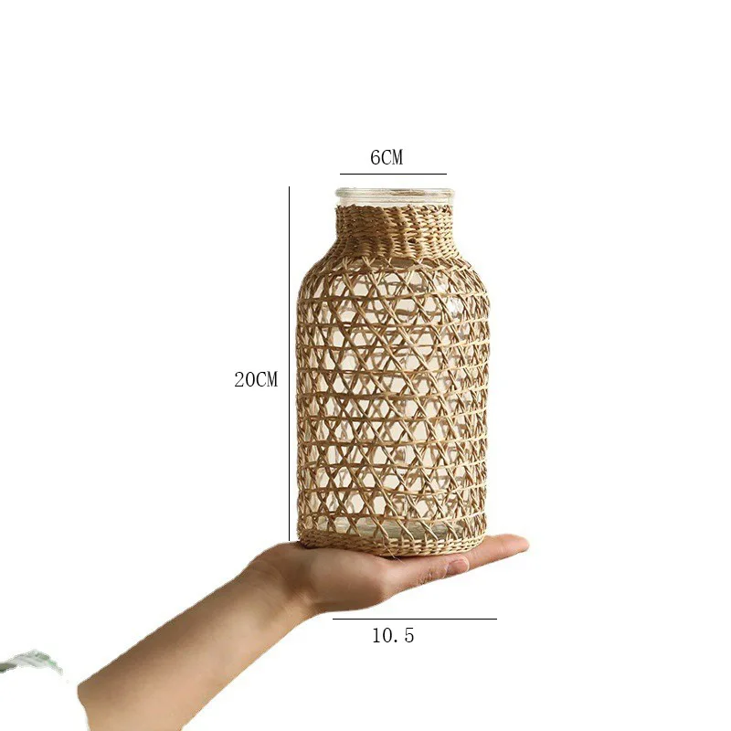Creative straw woven glass vase for home decoration