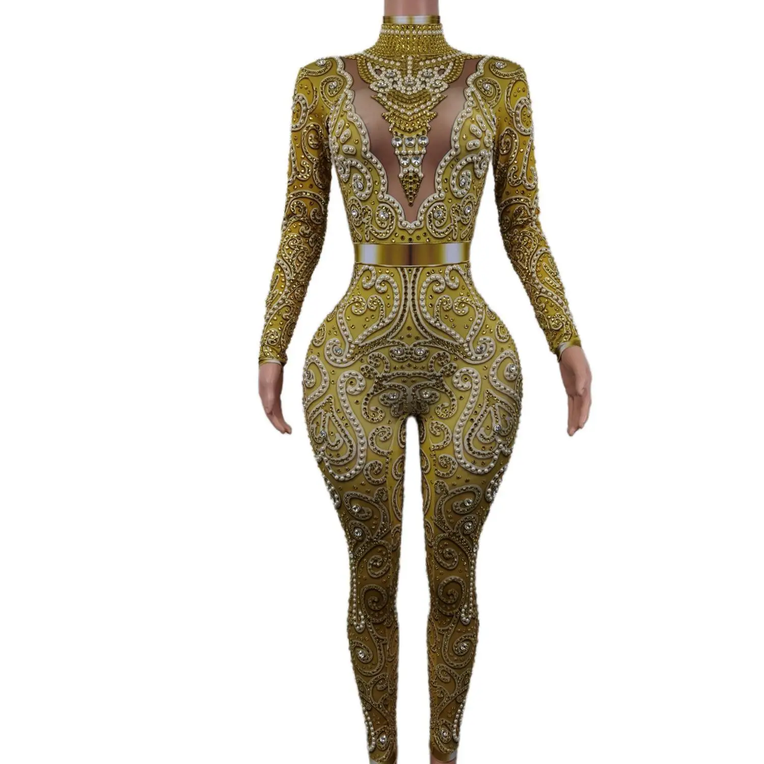 Gold Diamond Pearls Bodysuits Party Club Rompers Rave Festival Outfit Performance Dancer Costume Women Sexy Rhinestone Jumpsuits