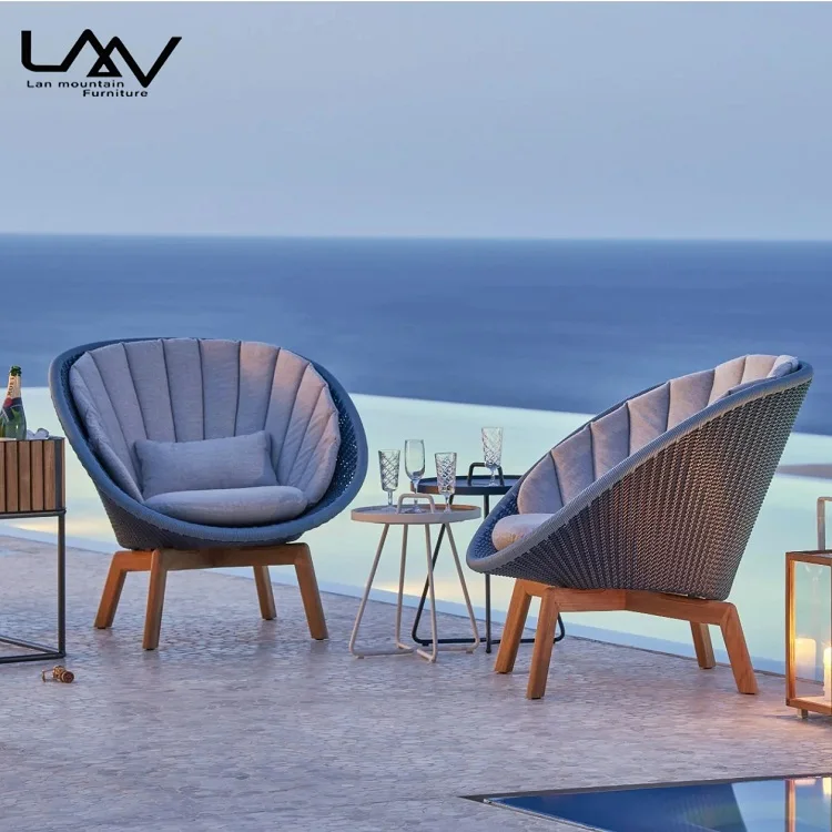 Leisure outdoor modern garden furniture sofa patio balcony teak leg weave rattan sofa chair furniture