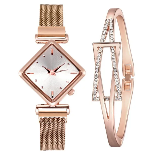 2pcs/set DIY Women Watches Bracelet Set Square Dial Rose Gold Magnet Watch Jewelry Set Wristwatch Stainless Steel Quartz Women