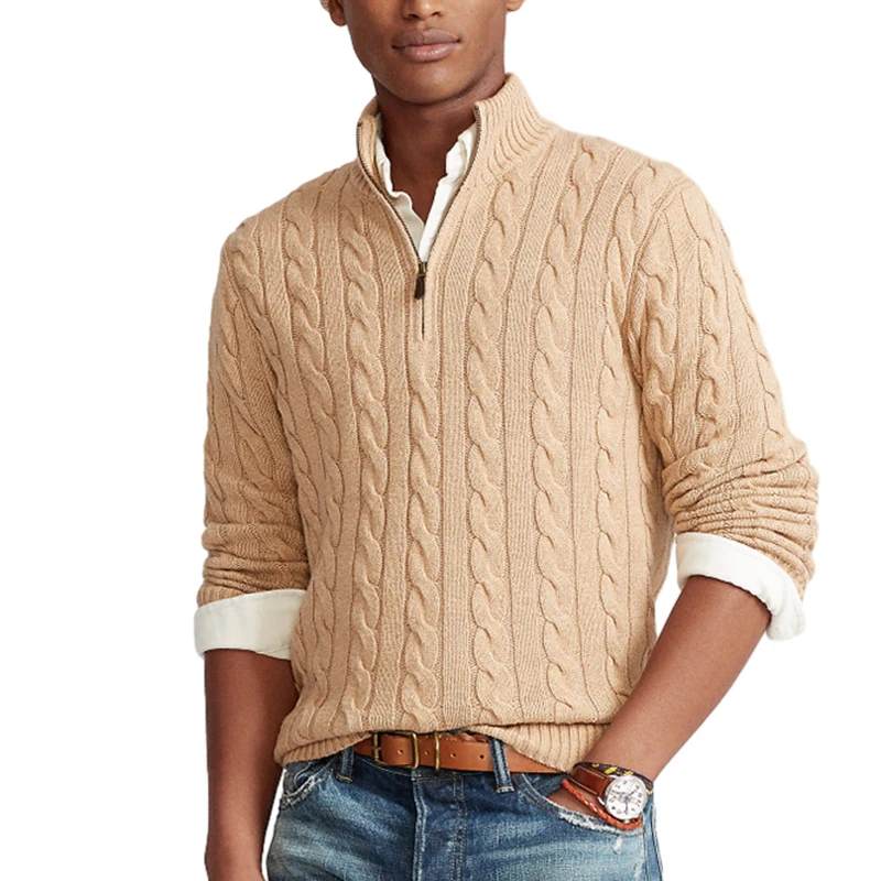 OEM Cashmere Turtleneck Jacquard Sweater Custom Design Men Fleece Cable Half Zip Up High Neck Pullover Knitted Sweater For Men