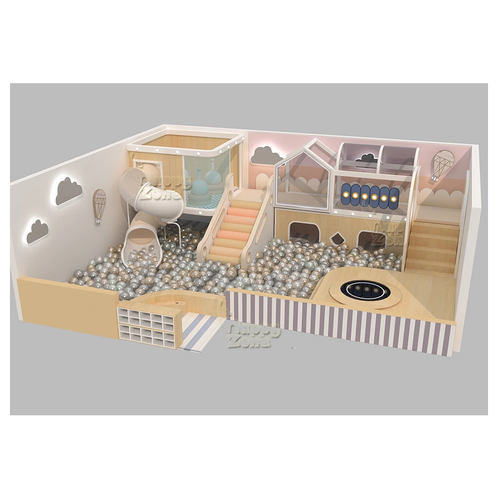 New Design Mini pastel Indoor playground Soft Play Accessories wooden indoor playhouse with ball pool and tranpoline for kids