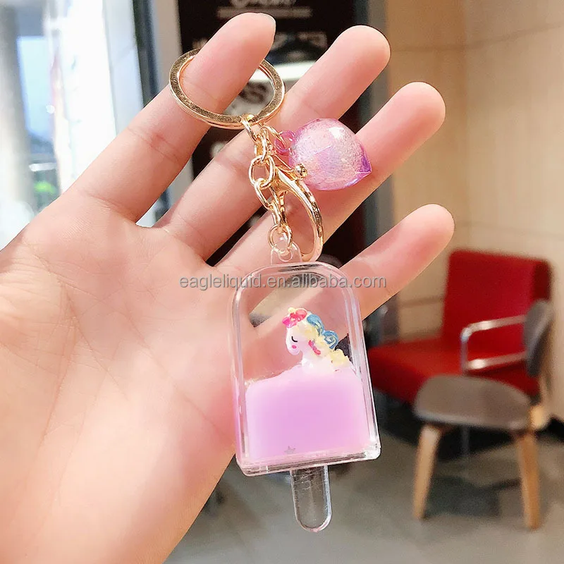 Kawaii Small Ornament Popular Items Cartoon Ice Cream Cute Keychain Floating Liquid Unicorn Keychain