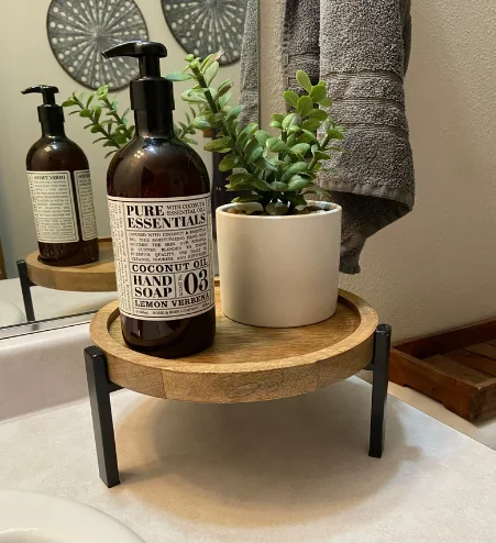 Modern Farmhouse Sink Decor Round Wood and Metal Riser Tray Plant Stand