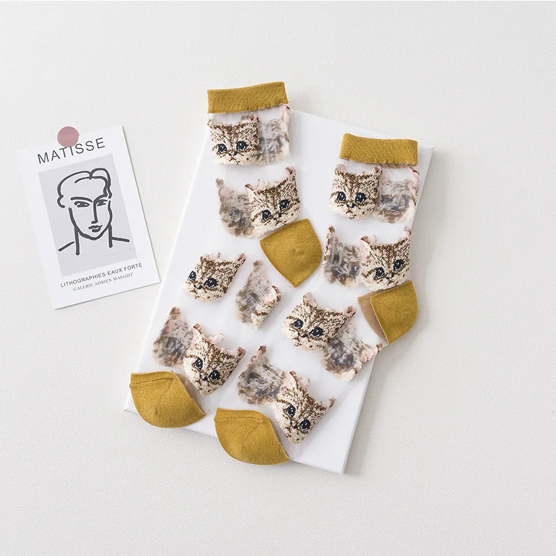 Thin Jacquard Mesh Glass Silk Ankle Short Cat Ankle Transparent Socks For Women