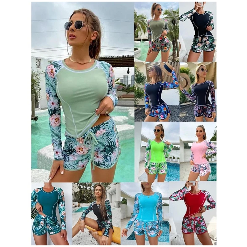 women ladies white sexy floral print long sleeve Adventure swim suits tankini set swimsuit swimwear for women plus size