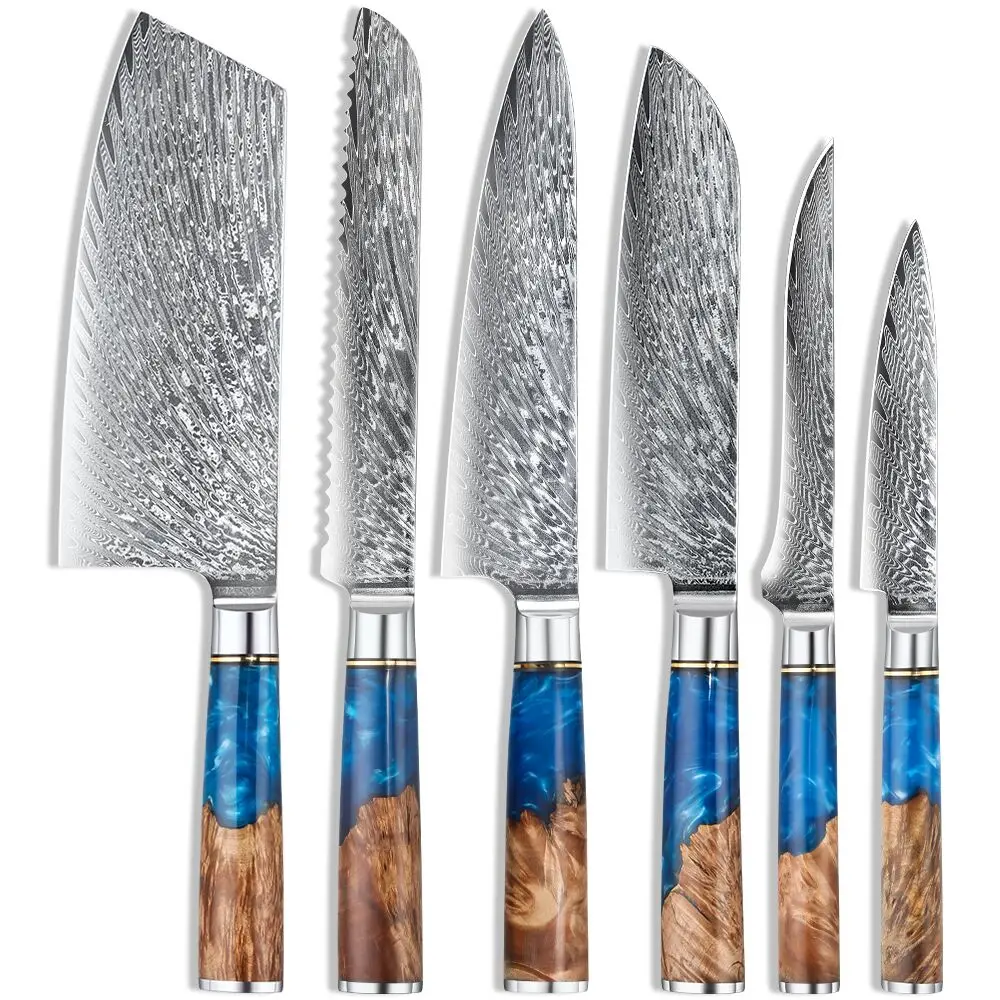 JDHS1B Kitchen 6pcs pack Knife Set VG10 Damascus Steel Blade Japanese Knife Straight Blue Resin Handle Cutliary 9pcs cutlery set