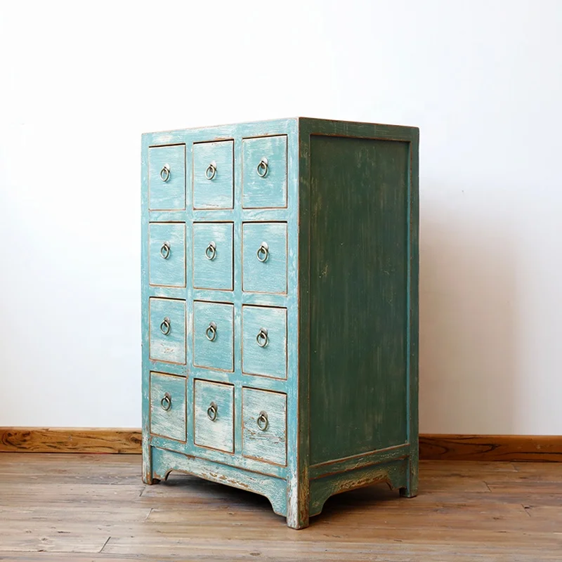Furniture factory Chinese traditional distressed lacquered wood furniture paint vintage multi-purpose 12-drawer cabinet