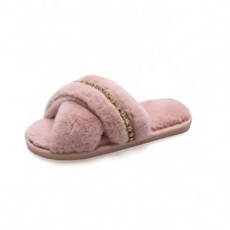 Wholesale Rhinestone Cross Belt Solid Color Furry Slippers Female Fashion Non-Slip Wear-Resistant Open-Toed Home Slippers