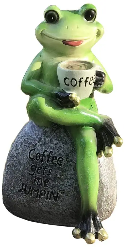 Creative Green Frog Sitting on Stone Statue Drinking Coffee