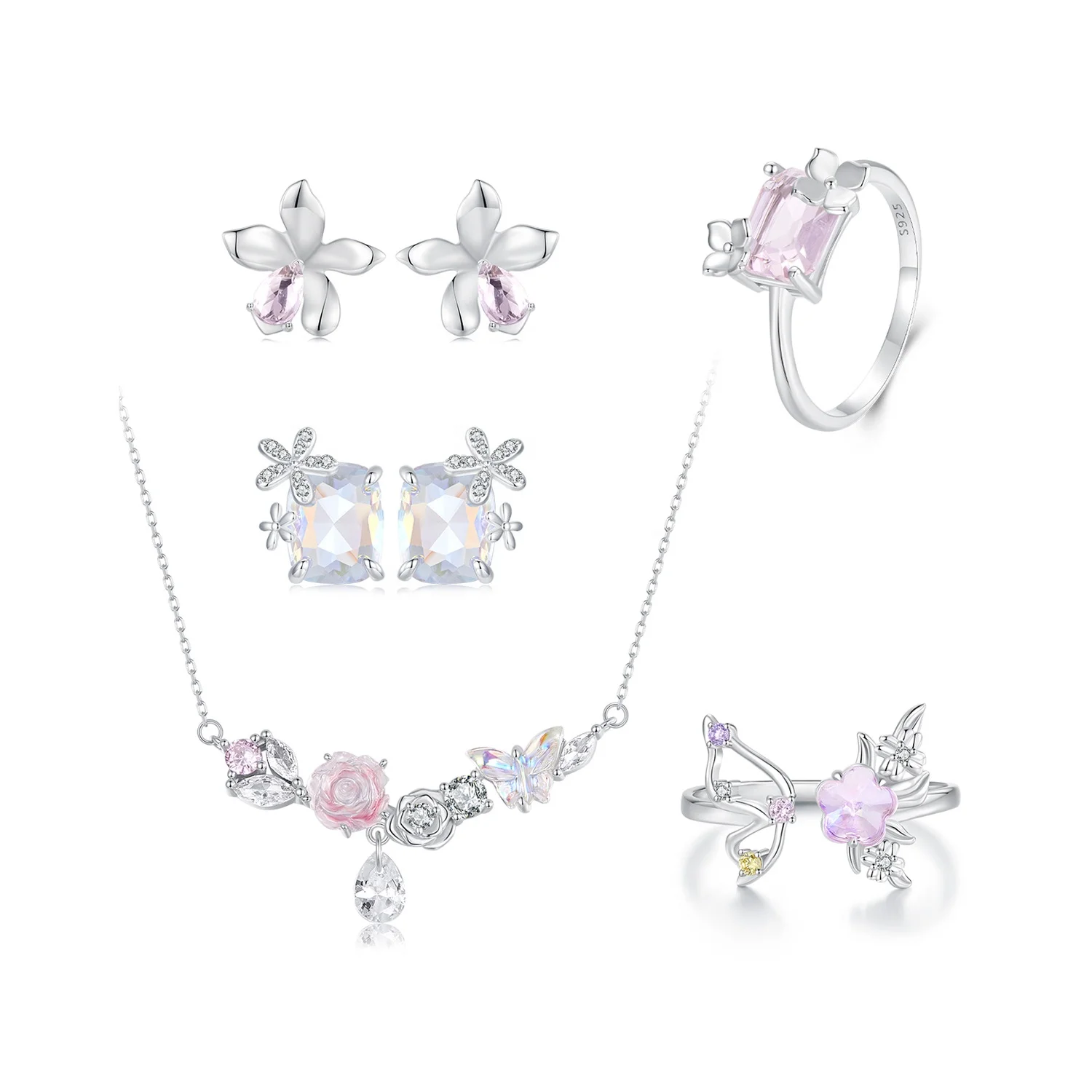 925 Sterling Silver Fashion Jewelry Sets Fine Jewelry Making Wholesale Fantasy Pink Butterfly Flower Necklace Ring Earrings Set