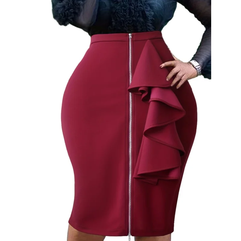 Fashion High Waisted Slim-Fit Ruffled Office Lady Zip Skirt Solid Color Front Bodycon Elegant Ruffle Trim Midi Skirts