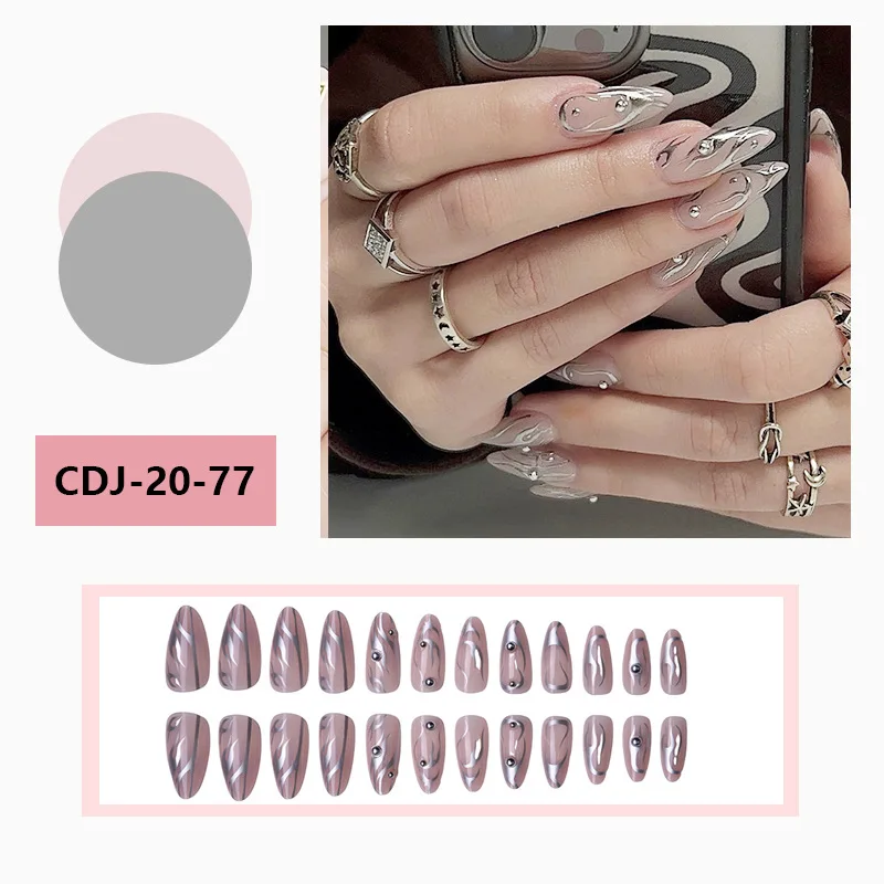 Silver Flame European American Style Press-On Nail Art Stickers False Nails with Studs Cross-Border Nail Design