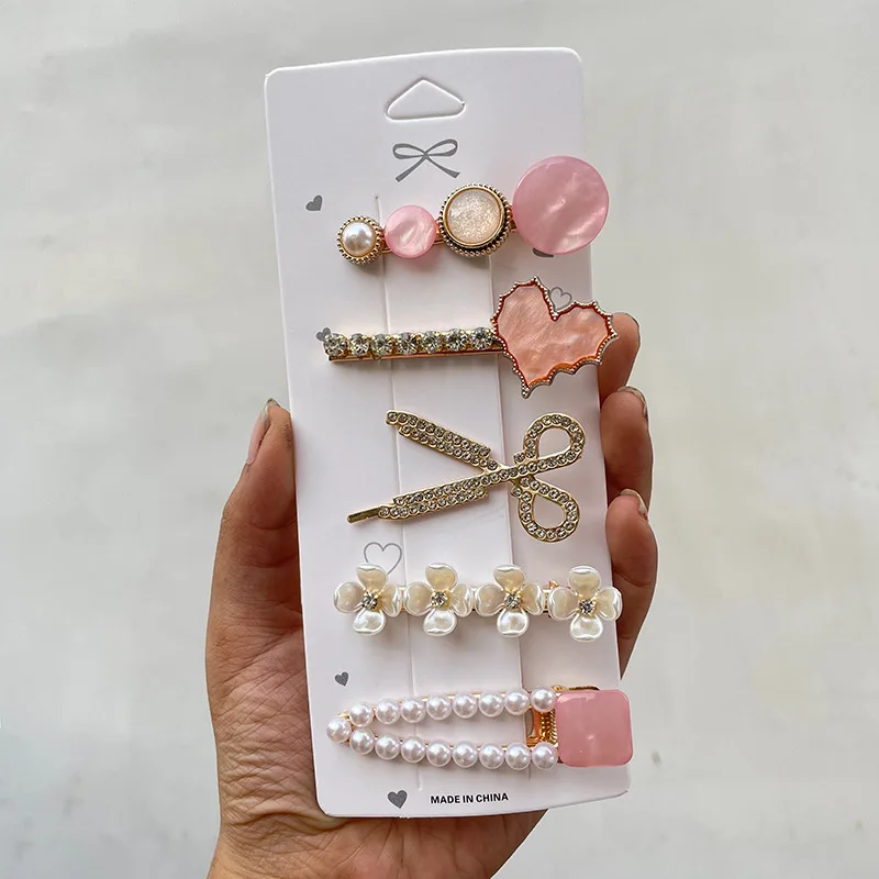 Vintage Bear side clip fashion simple duck beak clip imitation pearl  hair accessories high sense hairpin set