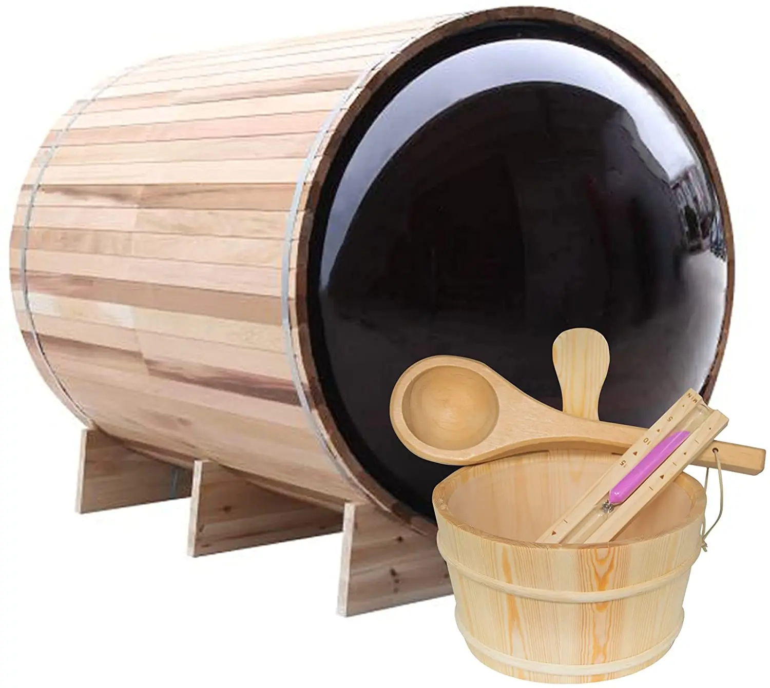 Handmade Sauna Bucket Ladle Set Premium White Hourglass Sand Timer Traditional Wooden Water Bucket with Plastic Liner for Sauna