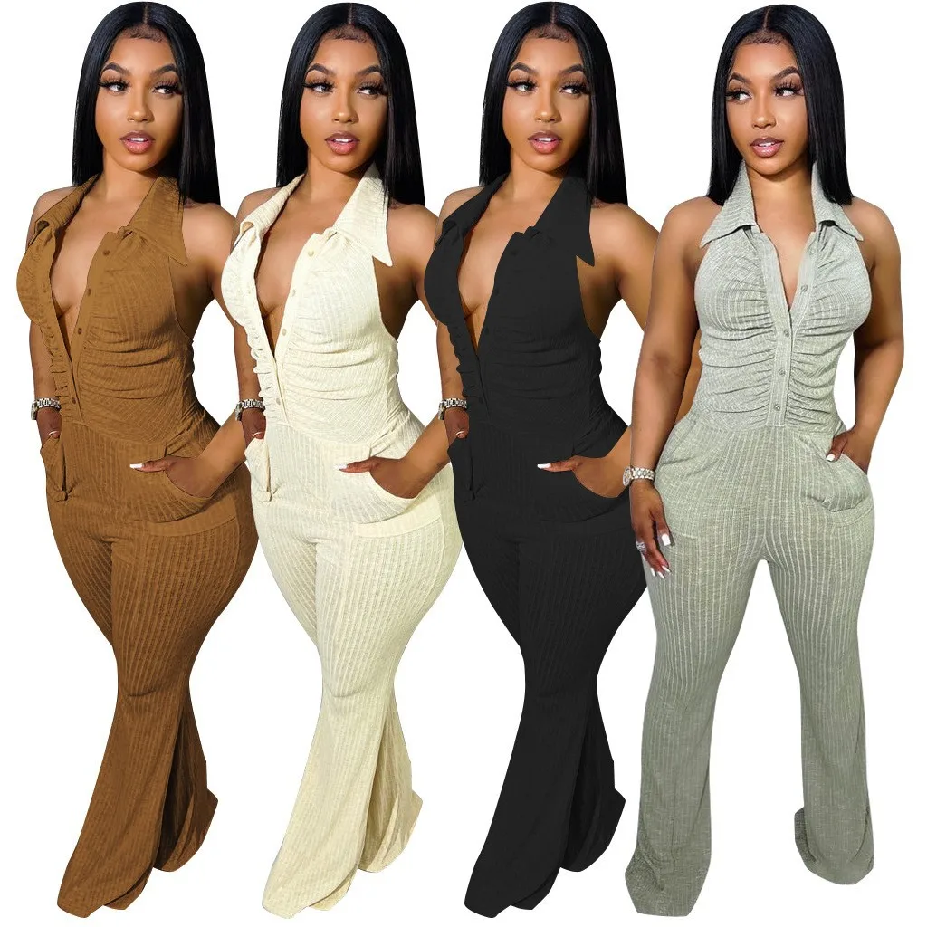 Wholesale OEM Solid Sleeveless Lapel Hollow Out Backless Jumpsuit Halter Neck Bodysuits For Women Sexy