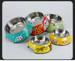 Wholesale imitating ceramic effect cute design dule layer melamine and stainless steel pet dog cat bowl