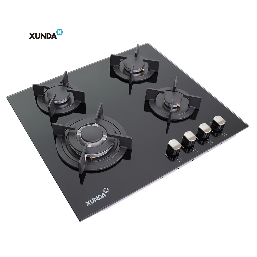 Xunda Commercial Glass Top Gass Stove Equipment Built-In Four Burners Gas Hob 4 Burner Stove Gas Cooker
