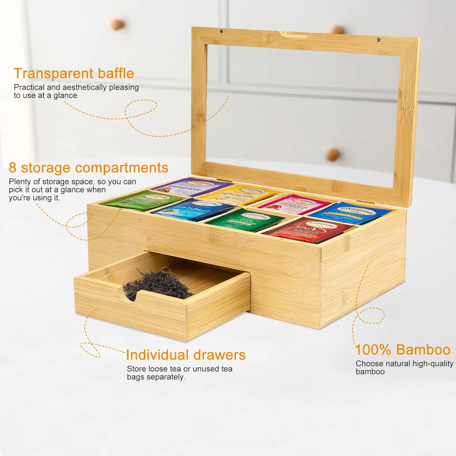 GL 6 Compartments High Quality Natural Bamboo Tea Bag Organizer Box,Tea Holder for Tea Bags Organizer With Drawer