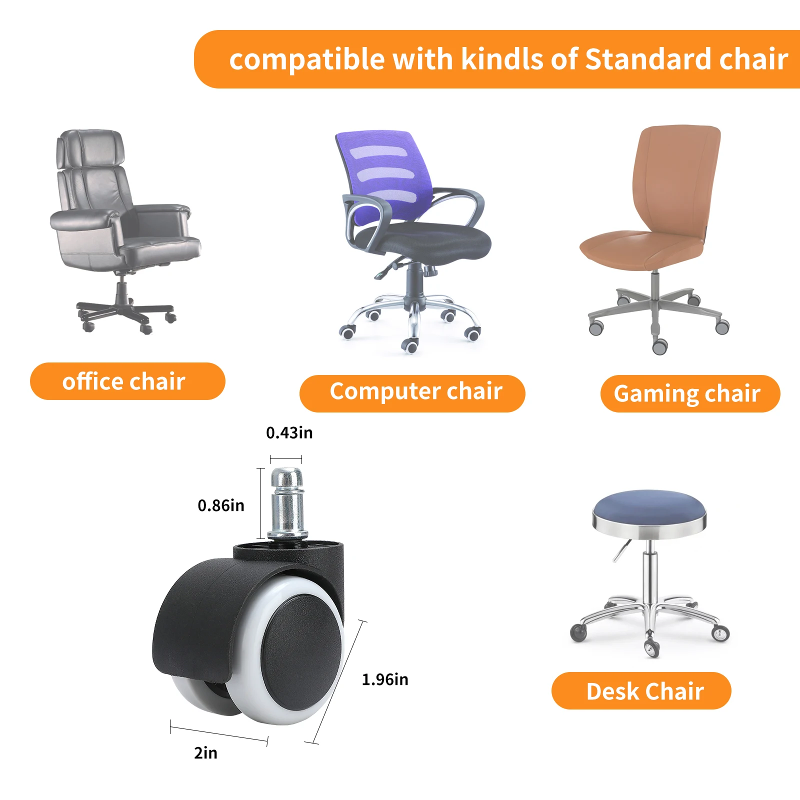 50mm Office chair wheels 2 inch black nylon chair caster PVC furniture caster wheel Replacement plastic Chair Caster Wheels