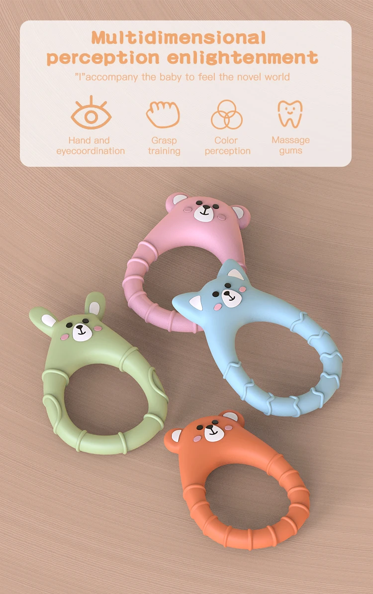 Wholesale Food Grade Animal Bear Bunny Dog Teether Ring Cartoon Teething Silicone Teether Baby Teether Silicone Toy
