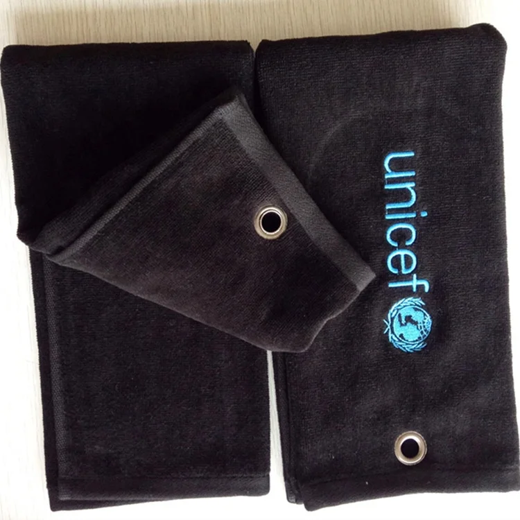 
100% cotton customized embroidery logo black jacquard velour golf towel 