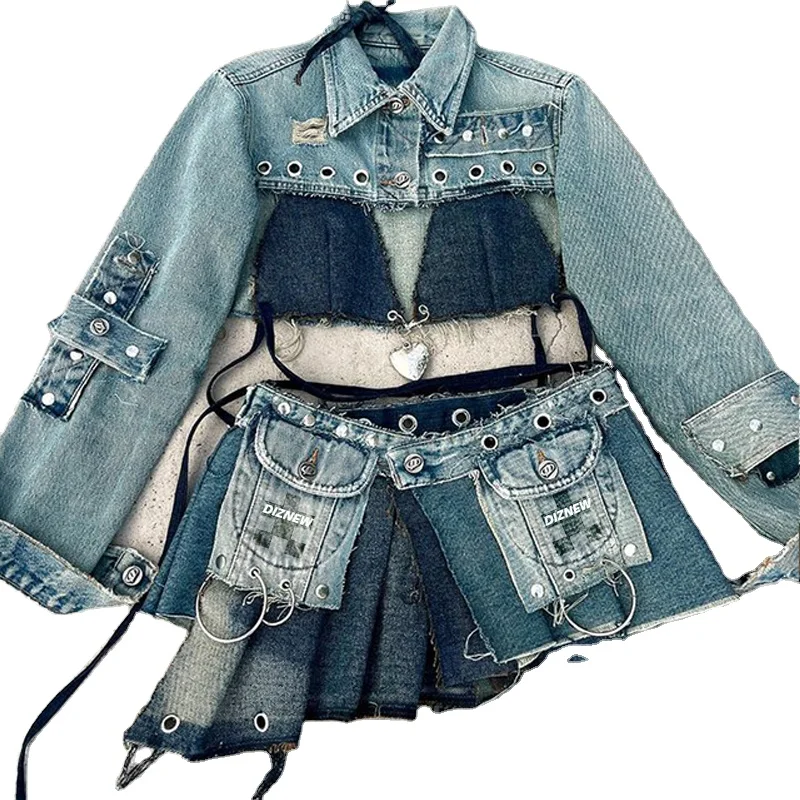 DIZNEW Custom designer fashion sexy denim skirt women y2k short denim top and denim skirt 2 piece set for women