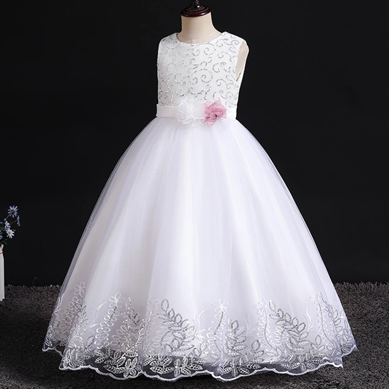 New Wedding Flower Girls Dress for Kids Lace Embroidered Bow Princess Dress Children Birthday Party Ball Gown
