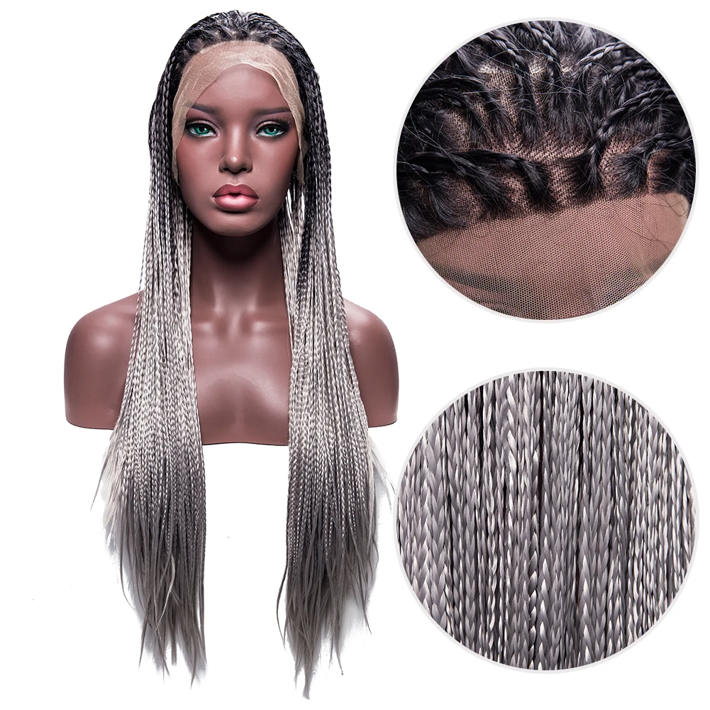 Модный Плетеный парик косички в коробке, серые, черные плетеные синтетические длинные парики на сетке спереди, блонд, косплей, парик на Хэллоуин для женщин