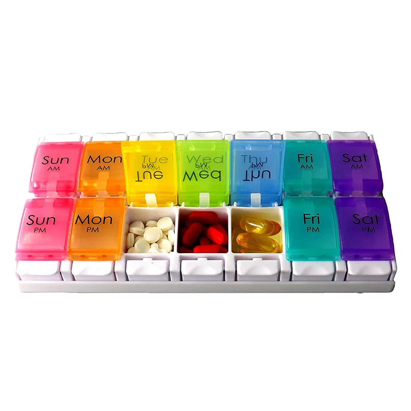 Made in China 14-compartment Portable Pill Box Square Color Travel 14 Grid Pill Box Accept Customized Logo 22.7x11.7x2.8 Yosiqin