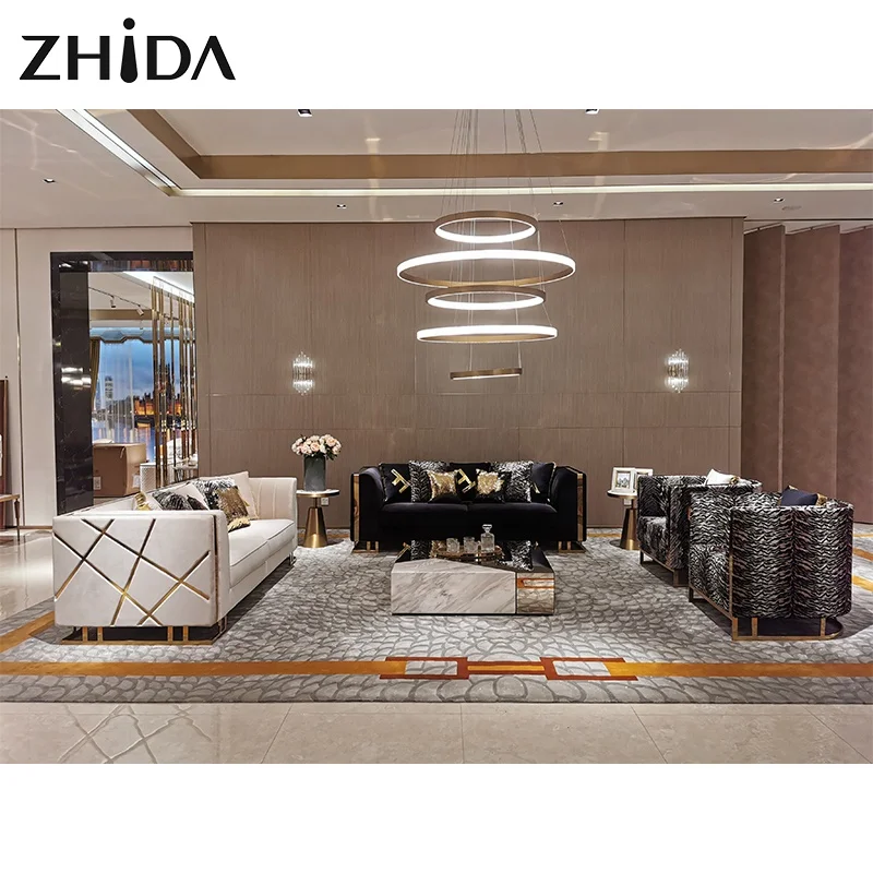 Italian sofa luxury style villa household furniture golden metal leg living room velvet sofa set