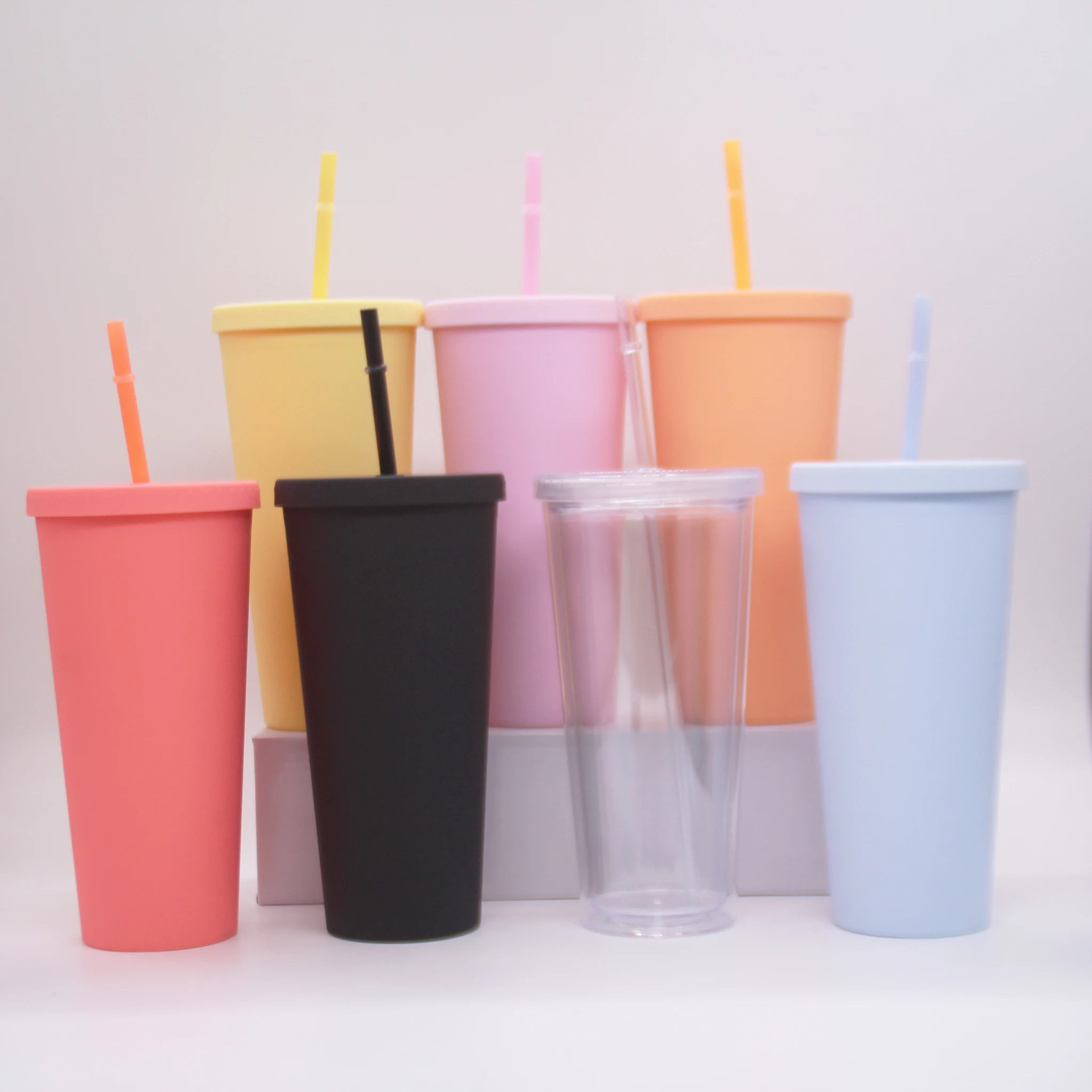  Tumblers With Lids (4 Pack) 24oz Colored Acrylic Reusable Cups And Straws Double Wall Matte Plastic